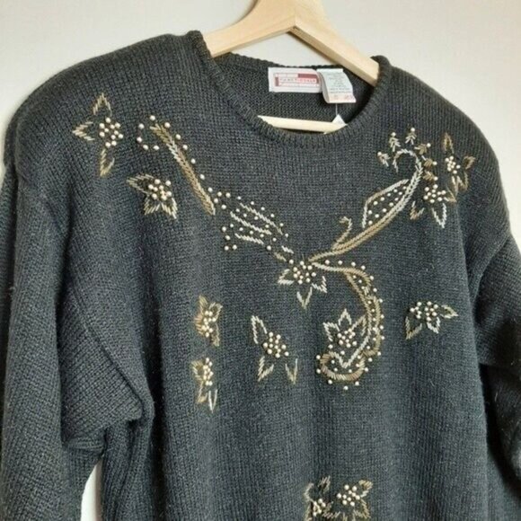 VINTAGE New w Tags Fuzzy Sweater Black Floral Embellished Sz L - Picture 3 of 8